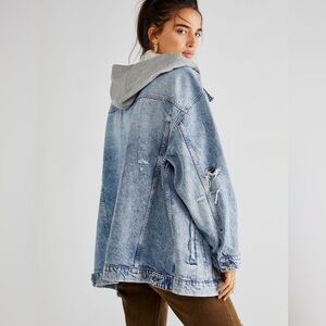 Free People oversized denim jacket with jersey hood